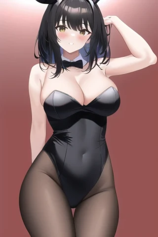 मध्यम बाल, बड़े स्तन, महाकाव्य, पैरों को नीचे दबा कर बैठे, खरगोश लड़की